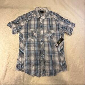 Helix Mens XL Athletic Fit Short Sleeve Western Plaid Shirt Blue White HYT14111